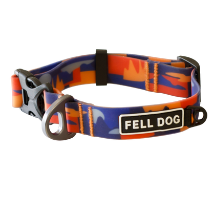 Dog collar with colorful pattern and 'Fell Dog' branding on a white background