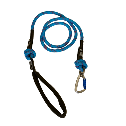 A blue climbing rope with a black loop handle, a blue knot, and a silver carabiner on a white background fell dog branding