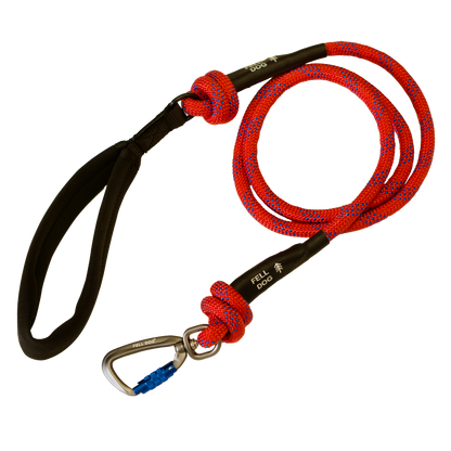 Dog lead made from climbing rope in red with carabiner hook and fell dog branding